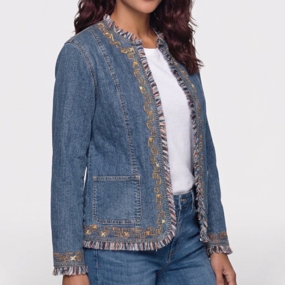 Ruby Rd Denim Jacket Women 12 Blue Boho Embroidered Fringe Open Front